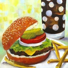 Original Oil Painting Hamburger French Fries Coke Lettuce Pickle Tomato Bun Food