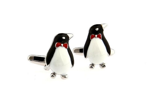 Penguin Pair Cufflinks Silver Red Bow Tie Wedding Gift Box & Polishing Cloth - Picture 2 of 3