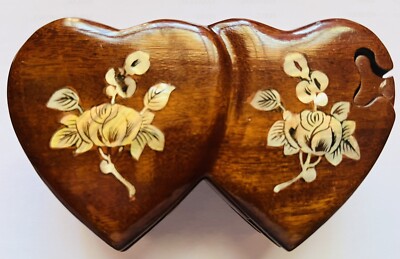 DOUBLE HEART w Mother of Pearl Floral Inlay, Hardwood Puzzle Trinket Box, 5.25 