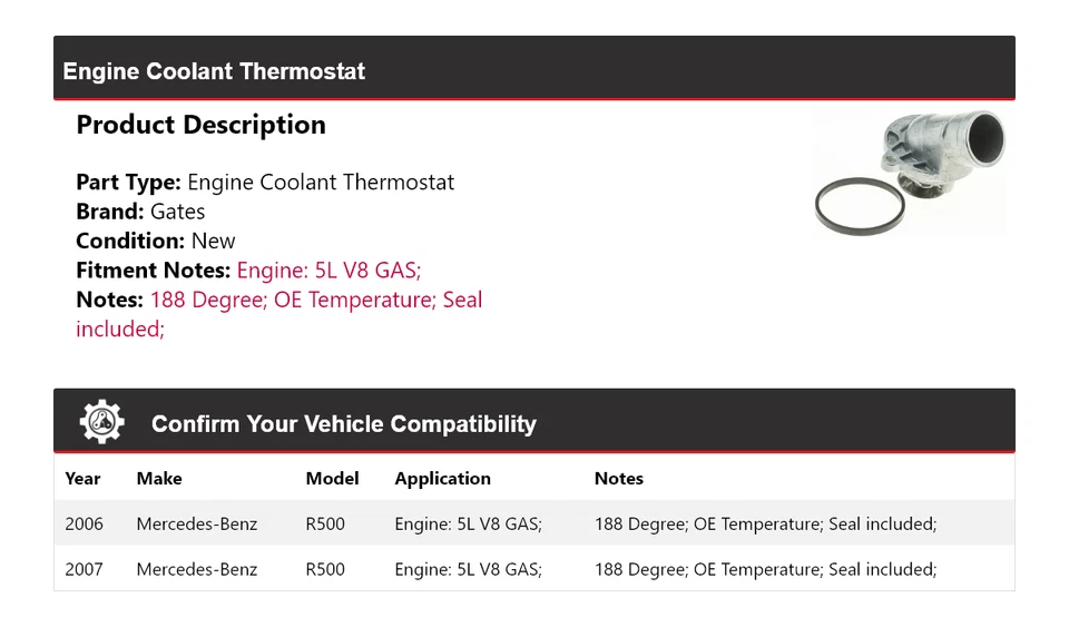 Para Mercedes-Benz R500 2006-2007 5L V8 motor gas refrigerante termostato puertas Foto 2 de 4