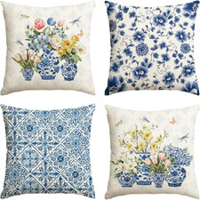 Porcelain Vase Chinoiserie Floral Throw Pillow Covers, 18 X 18 Inch Spring Summe