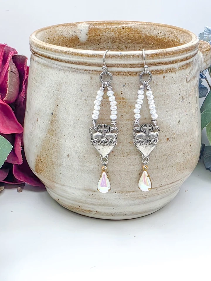 Sacred Heart Beaded Earrings with Crystal Teardrop, Vintage Inspired Religious - Image 2 of 4
