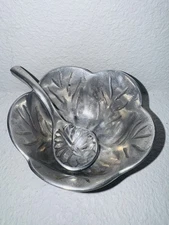 Vintage Pewter Salad Dressing Bowl Cabbage Leaf Design Serving Dish Metal