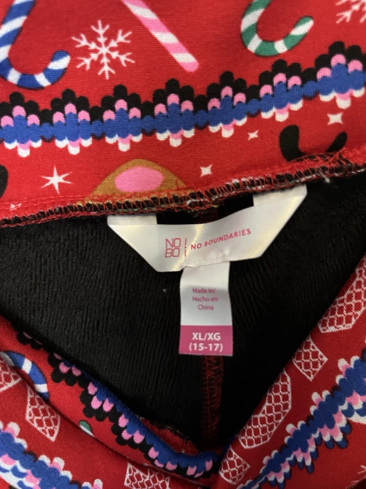 No Boundaries 女式 XL 暖衬里圣诞打底裤 Merry & Bright 红色假日 — 第 2/2 张图片