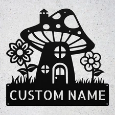 Custom Mushroom House Metal Sign Personalized Cottagecore Fairy Garden Decor ...