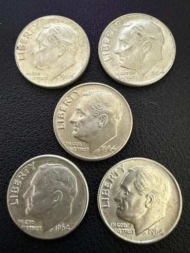LOT X 5 AU Roosevelt Dimes 1964-D 90% FINE Silver Stacker Coin Collector #106