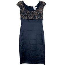Tadashi Navy Blue Lace Beaded Bandage Sheath Dress Size 4 Cap Sleeve Beaded