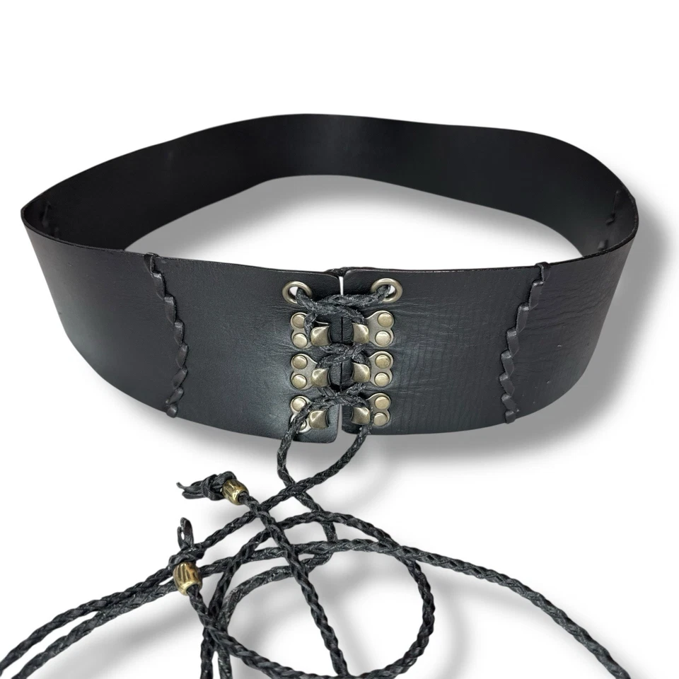 Cinturón de cintura corsé de cuero negro hecho a mano Linea Pelle vintage 38 ancho con cordones Foto 4 de 4