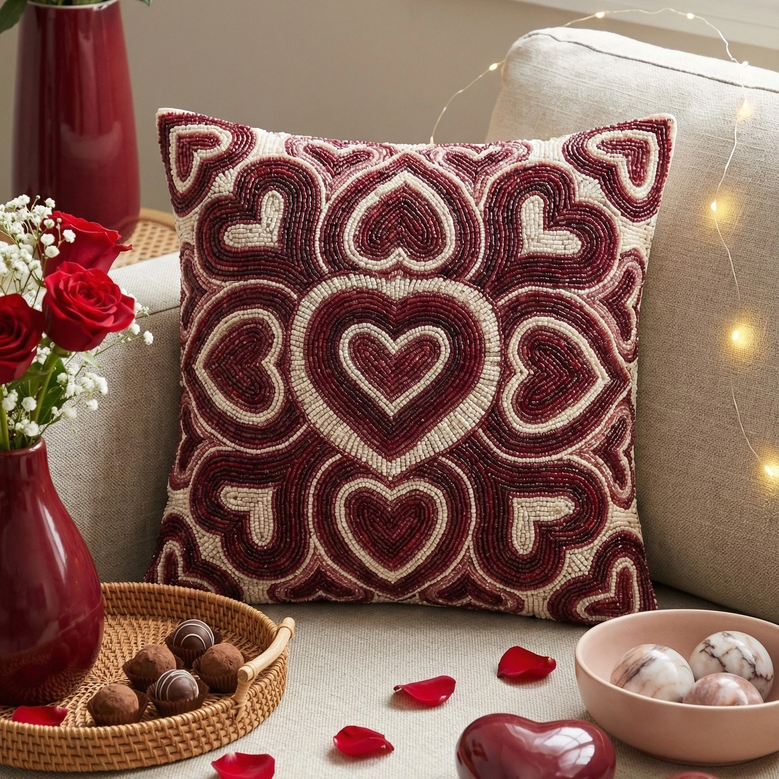 Handmade Beaded Heart Throw Pillow Cover, Romantic Valentine's Decor, Red
Opens in a new window or t