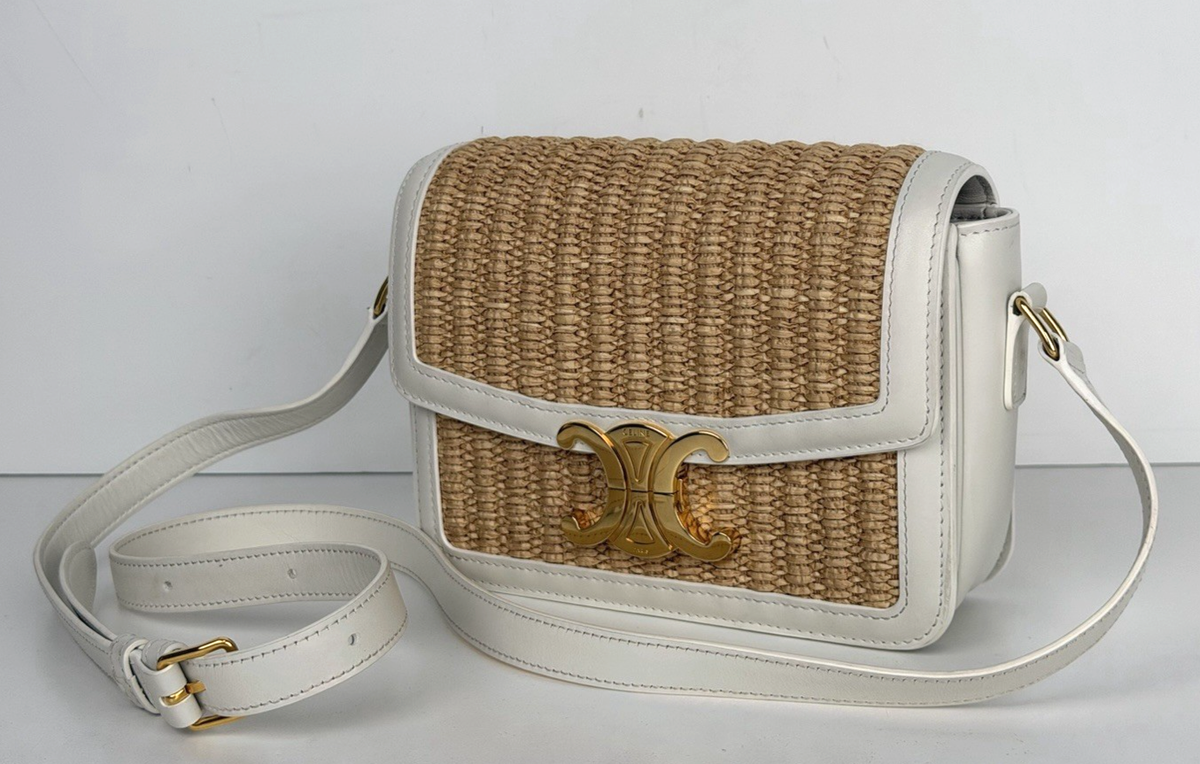 Celine Teen Triomphe Shoulder Bag in Natural Raffia White Calfskin
