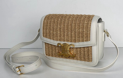 旧ロゴ CÉLINE ケース 最終SALE Celine Teen Triomphe Shoulder Bag in Natural Raffia White Calfskin