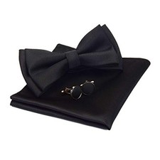 Mens Solid Color Two Layer Pre-tied Bow Tie and Pocket Square Cufflink Black