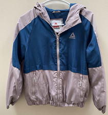 Reebok Hoodie Jacket Women Small Full Zip Pockets Blue Beige Polyester Logo L/S