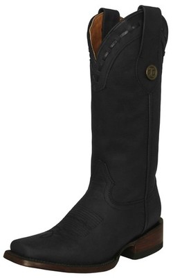 Womens Western Boots Black Solid Leather Square Toe Rodeo Ranch Botas Mujer