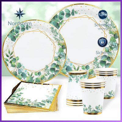 Partygeschirr Set 96Pcs Olive Grün Gold Einwegteller Becher Servietten für