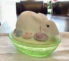 Vintage Fenton Glass Rabbit Bunny On Nest HP Signed Uranium Glow Excellent Cond