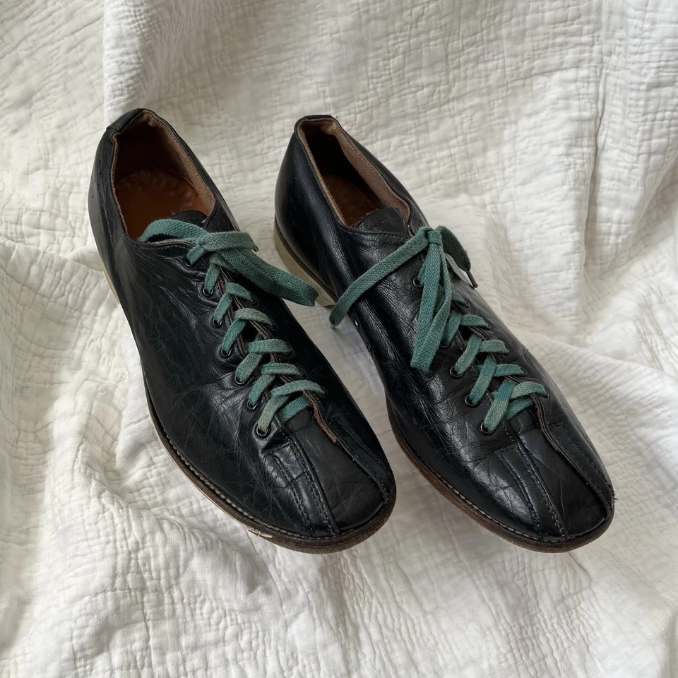 Antiguos zapatos de ciclismo de cuero negro de la década de 1930 - Raro par hecho a mano de antes de la guerra talla 9 Foto 4 de 4