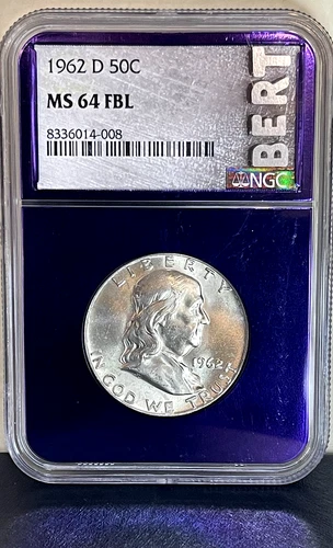 1962 D 50C Silver Franklin Half Dollar NGC MS 64 FBL-PURPLE CORE!