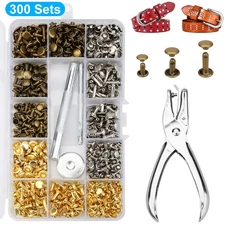 300PCS Leather Rivets Kit Double-Sided w/ Punch Tools for Bags Belts Clothes DIY