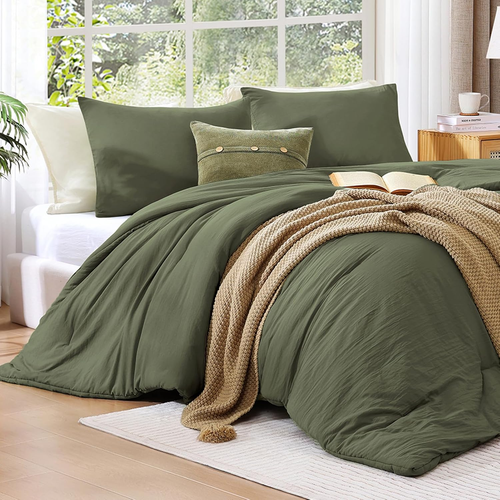 Queen Comforter Set - 3 Pieces Prewashed Olive Green Comforter Soft Lightweight  - Picture 7 of 12