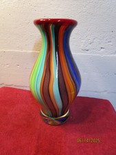 Vibrant Multi Colored Striped Heavy Art Glass Vase 13  Tall Nice