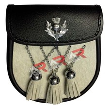 AAR White Day Fur Sporran with 3 Fur Tassels Double Chain Kilt Belt Bagpipe Fly