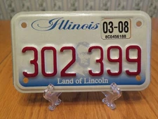Motorcycle License Plate IL  Land of Lincoln 302 399