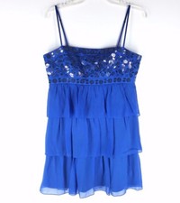 BCBG Max Azria 100 Silk 3 Tiered Blue Dress W/ Silver Sequin Spagetti Strap 10