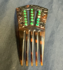 Green Rhinestone on Brown Celluloid Mantilla Decorative Hair Comb