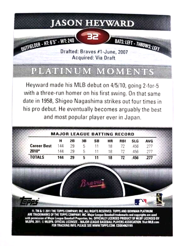 Bowman Platinum Jason Heyward #32 2011 - Imagen 2 de 2