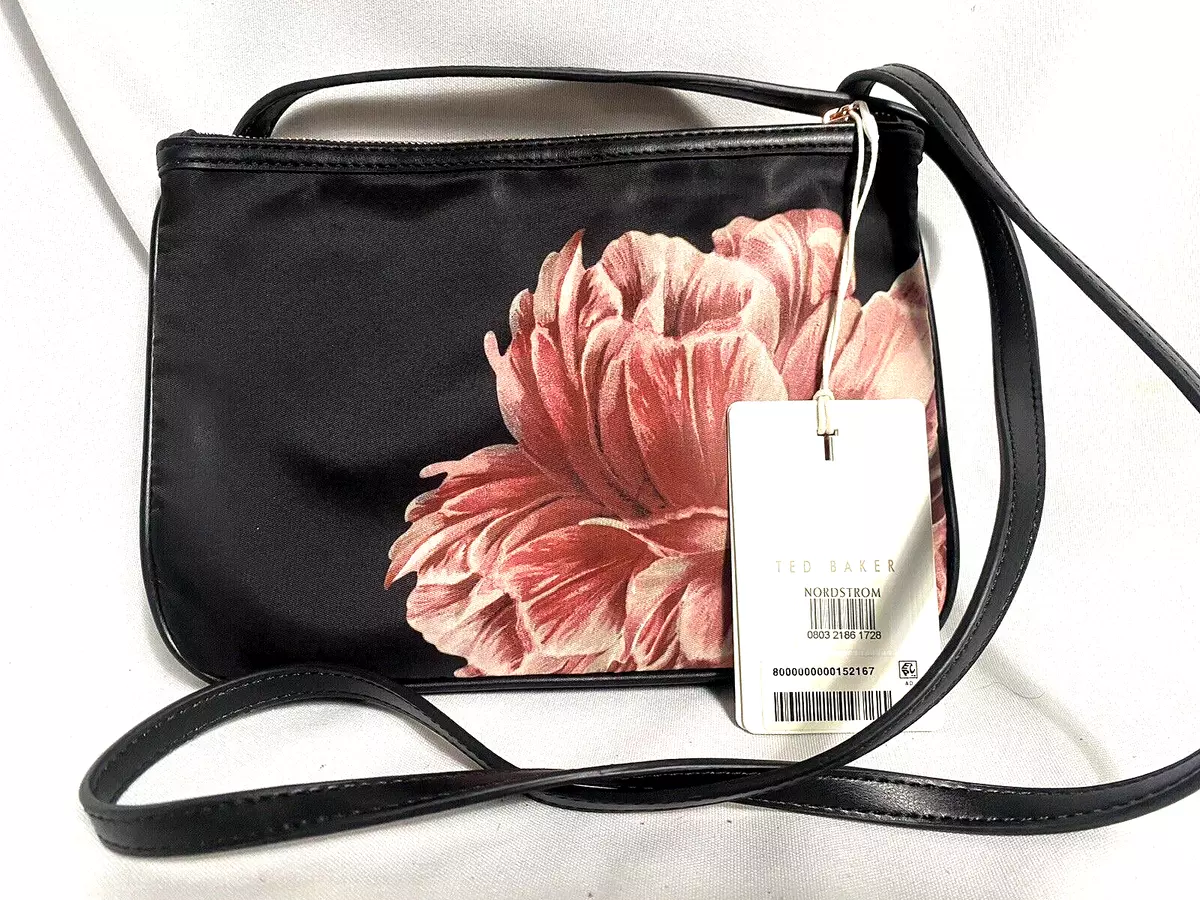 Ted Baker Black w Pink Flower Double Pouch Crossbody Double Zip Purse NWTs