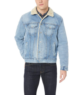 ラッキージョンン　luckyJohn Lucky Brand Lakewood Men's Blue Denim Sherpa Trucker Jacket Small