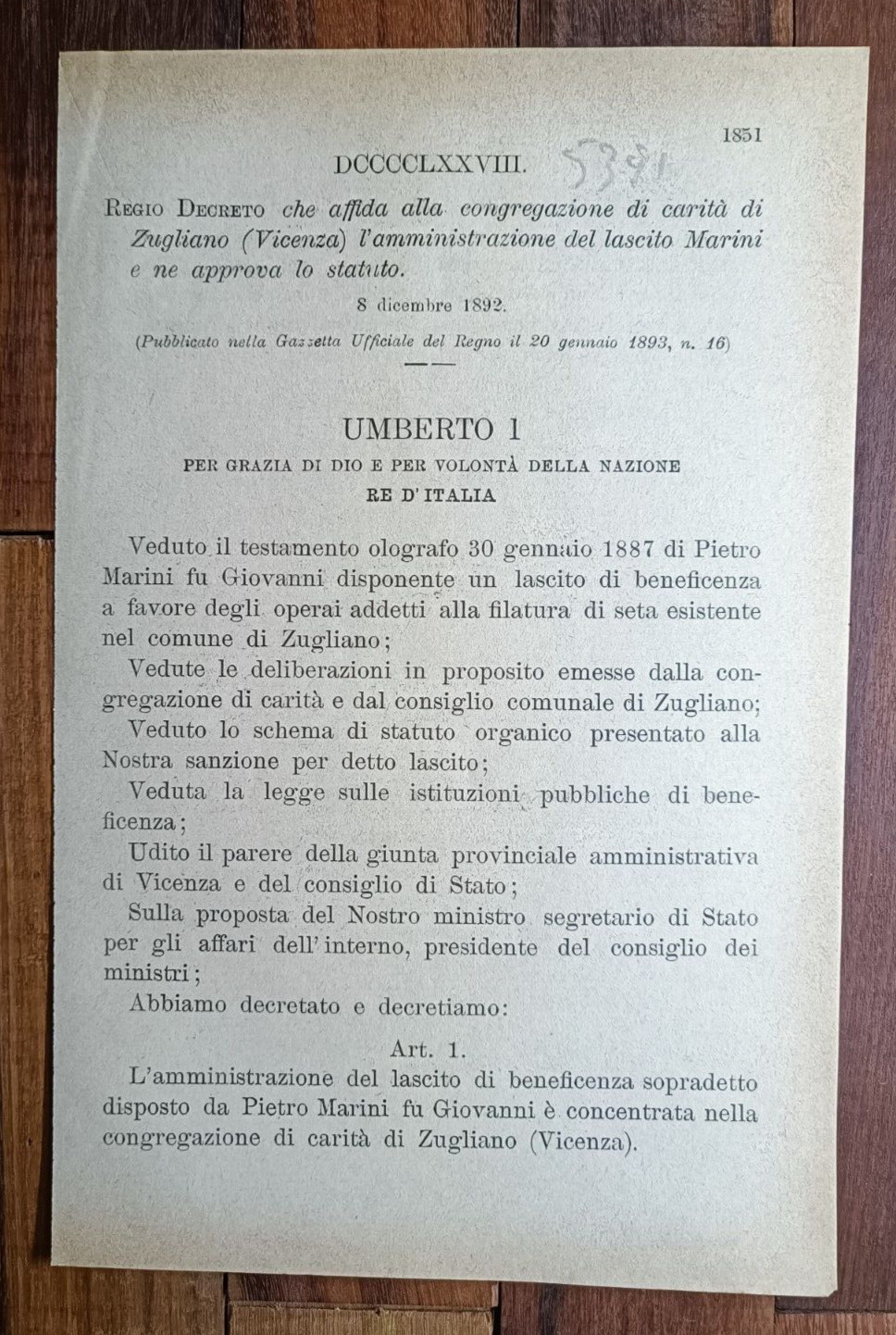 ZUGLIANO 1892 REGIO DECRETO X CONGREGAZIONE DI CARITA'-5391
