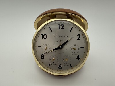 VINTAGE WESTCLOX WIND-UP TRAVEL ALARM CLOCK CLAMSHELL SNAP CASE