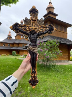 Wood crucifix  Carved Religious  cross modern christian art housewarming gift