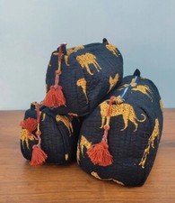 Indian Tiger Printed Cotton Quilted Toiletry Purse Cosmetic Storage Bag Of 3 Pc