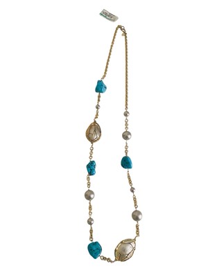 Vintage Alexis Bittar Gold Tone Caged Faux Pearl Turquoise Bead Necklace 34''