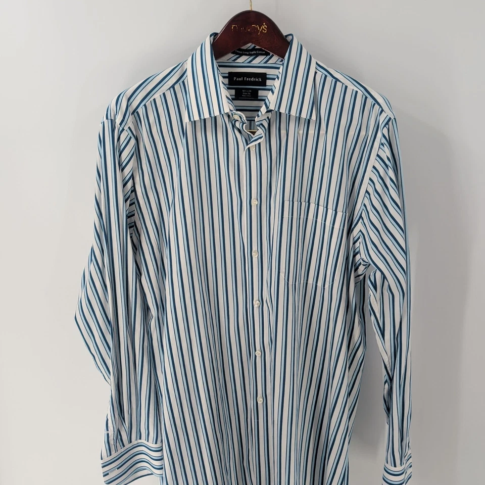 Vtg Paul Fredrick Striped Finest Long Staple Slim Fit Dress Shirt Size 16.5x34 - Image 2 of 4