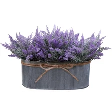 10 Inch Artificial Lavender Flower Arrangement in Rustic Oval Galvanized Meta...