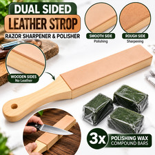 Dual Sided Leather Strop Razor Knife Sharpener Wooden Handle + 3x Green Compound