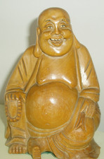 VINTAGE LAUGHING WOODEN BUDDHA