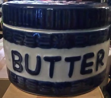 Salt Glaze Stoneware Butter Crock Blue & White Cow & Flower Pattern Pottery