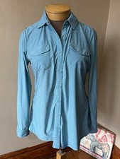 EDDIE BAUER Womens L Button Down Shirt Heathered Teal Roll Tab Long Sleeve Blue