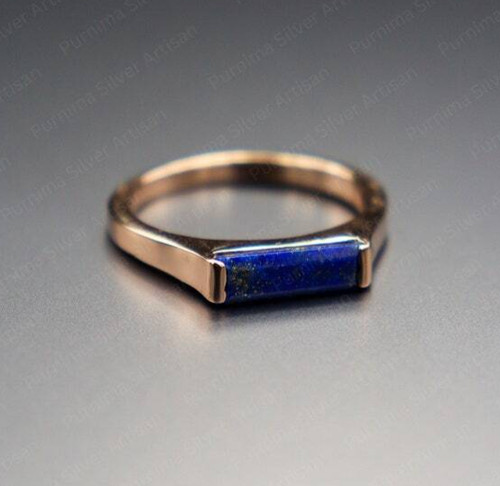 Natural Lapis Lazuli Dainty Ring, 925 Silver Rose Gold Ring, Rectangle Bar Ring
