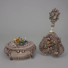 9" Vintage Italian "Capo di Monte" Porcelain Perfume Bottle and Jewelry Box