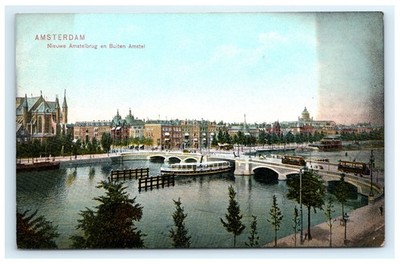 Nieuwe Amstelbrug Buiten Amstel Canal Boats Trams Amsterdam Netherlands Postcard