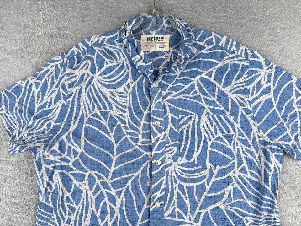 Camisa Urban Pipeline Adulto Grande Azul Blanco Estampado Floral Hoja Algodón Hawaiano Foto 4 de 4