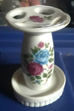 Vintage Ceramic Toothbrush Holder Flowers Bouquet Floral Pattern Gold Trim 4"