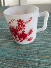 Vintage Hazel Atlas Cowboys Indians Childs Mug Cup Milk Red White Glass