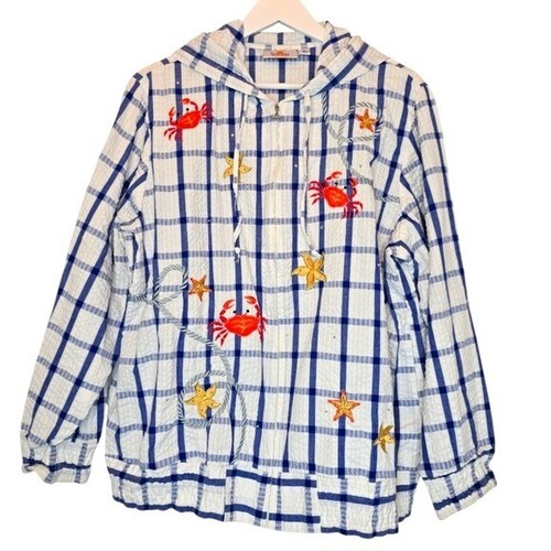 QUACKER FACTORY Crab Hood Jacket Seersucker Cotton Women 1X Coastal Grandma Y2K - Picture 2 of 12